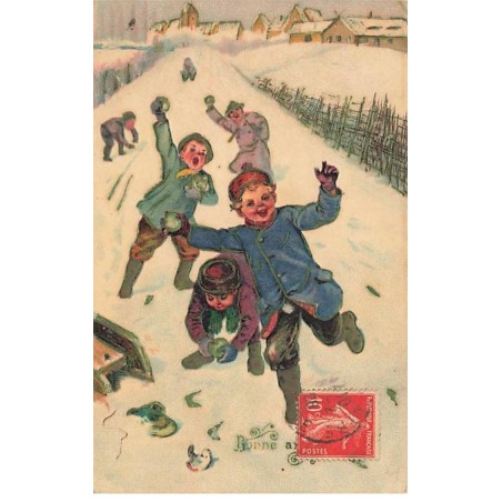 n°26543 - Carte Gaufrée - Nouvel An - Bonne Année - Garçons faisant une bataille de boules de neige
