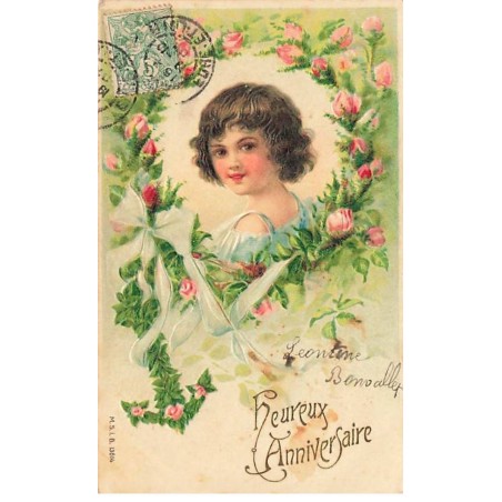n°26547 - Carte Gaufrée - MSIB 13614 Heureux Anniversaire - Portrait d'une jeune fille entourée d'une couronne de roses
