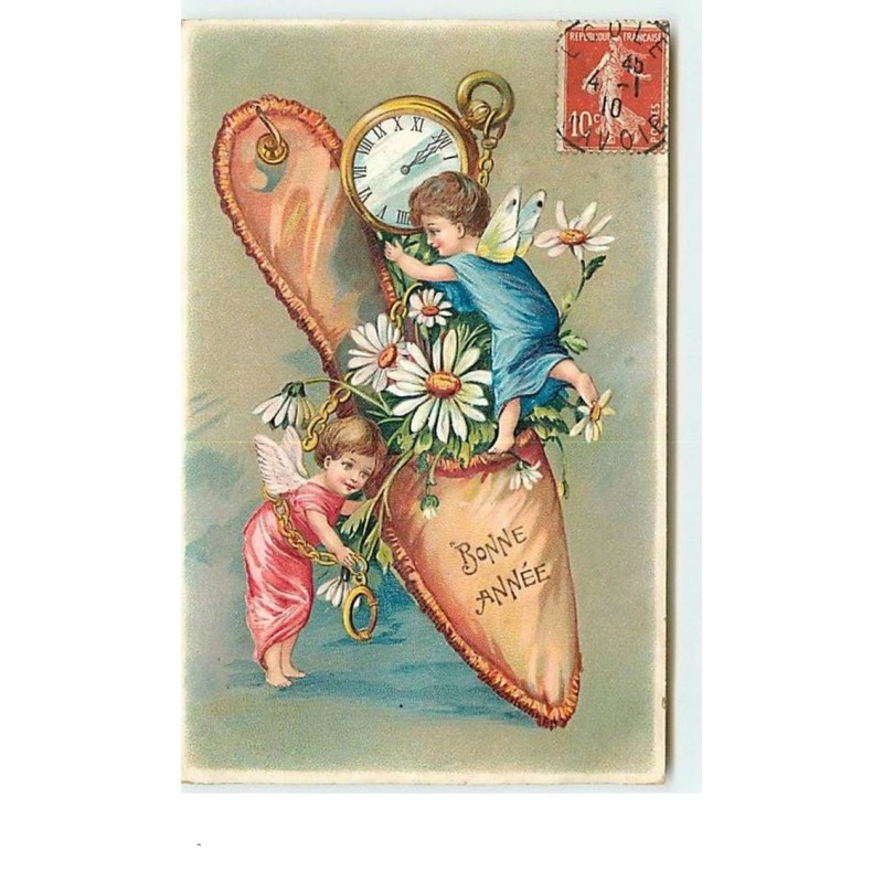 n°12844 - Carte Gaufrée - Bonne année - Angelots mettant des fleurs dans une chaussure