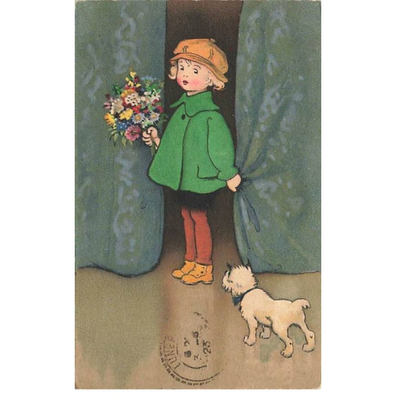 n°26549 - Fantaisie - F. Baumgarten - Chien près d'une fillette apportant un bouquet