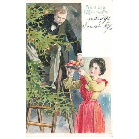 n°26567 - Noël - Erika 1723 - Fröhliche Weihnachten - Couple décorant un sapin avec des pommes