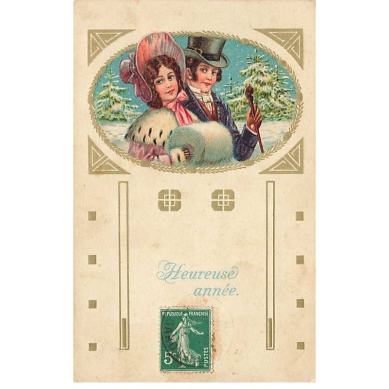 n°26572 - Carte Gaufrée - Heureuse Année - Couple se promenant, dans un médaillon