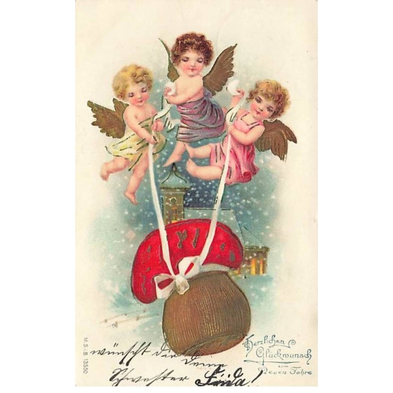 n°26573 - Carte Gaufrée - Nouvel An - MSIB 13550 - Anges emportant un champignon