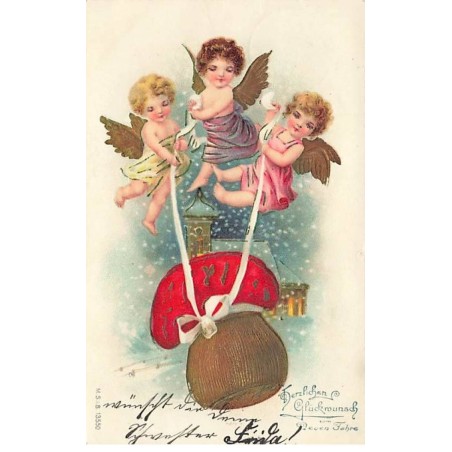 n°26573 - Carte Gaufrée - Nouvel An - MSIB 13550 - Anges emportant un champignon