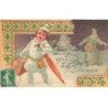 n°26577 - Carte Gaufrée - Bonne Année - Ange portant une valise, marchant dans la neige