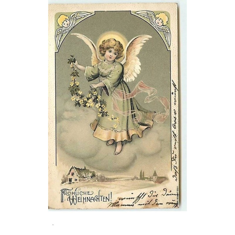 n°12849 - Carte Gaufrée - Fröhliche Weihnachten - Ange avec une guirlande de fleur