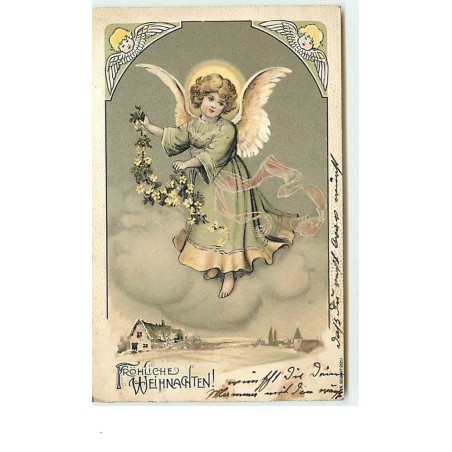 n°12849 - Carte Gaufrée - Fröhliche Weihnachten - Ange avec une guirlande de fleur