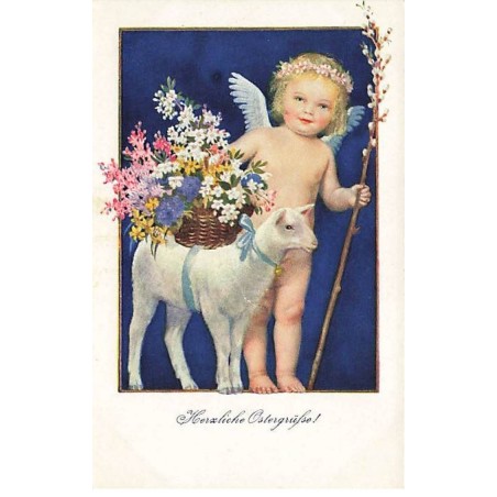 n°26580 - Pâques - M. Flatscher - Ange marchant près d'un mouton portant un panier rempli de fleurs sur son dos