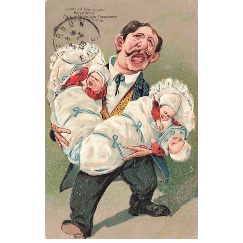 n°26582 - Carte Gaufrée - Serie 5677 - Hommes portant des bébés - Le sort est bien souvent récalcitrant