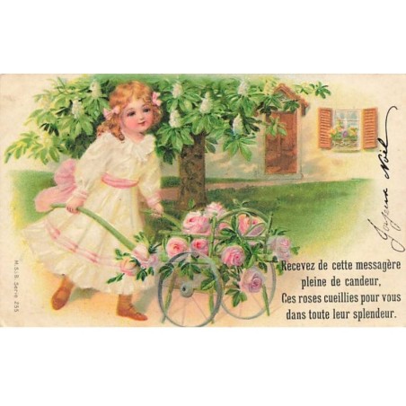 n°26583 - Carte Gaufrée - MSIB 255 - Jeune fille poussant une brouette - Recevez de cette messagère pleine de candeur