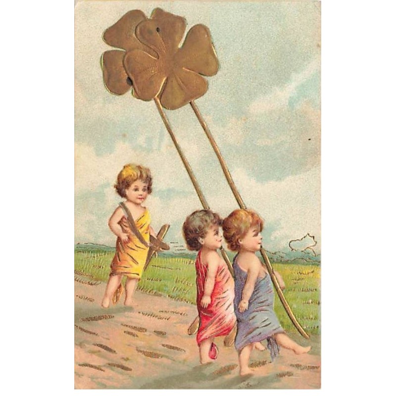 n°26584 - Carte Gaufrée - Serie 509 - Enfants marchant au pas, en portant des trèfles