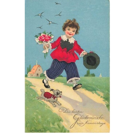n°26592 - Anniversaire - F. Baumgarten - Jeune fille se promenant avec un chien