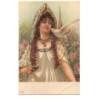 n°19589 - Carte à paillettes - Jeune femme avec une colombe sur l'épaule