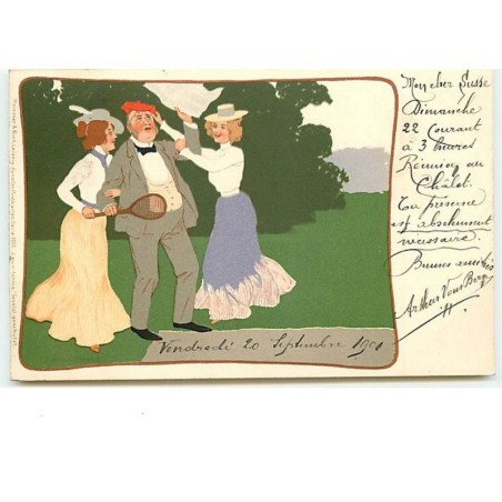 n°12870 - Wennerberg - Jeunes femmes autour d'un homme - Art Nouveau - Tennis