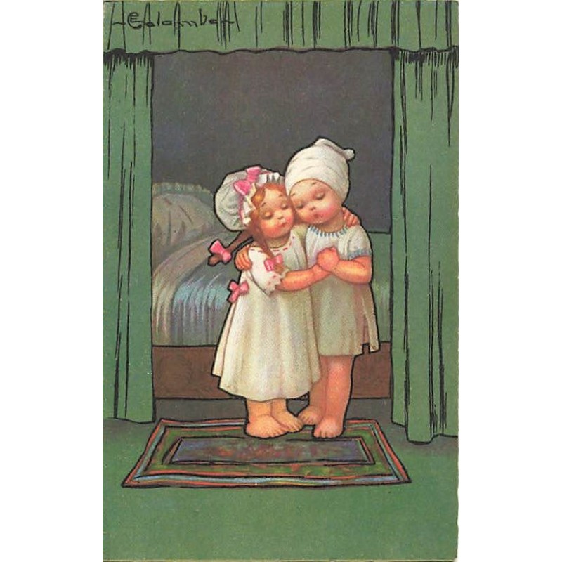 n°26601 - Illustrateur - E. Colombo - Couple d'enfants enlacés au pied d'un lit