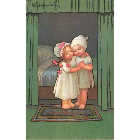 n°26601 - Illustrateur - E. Colombo - Couple d'enfants enlacés au pied d'un lit