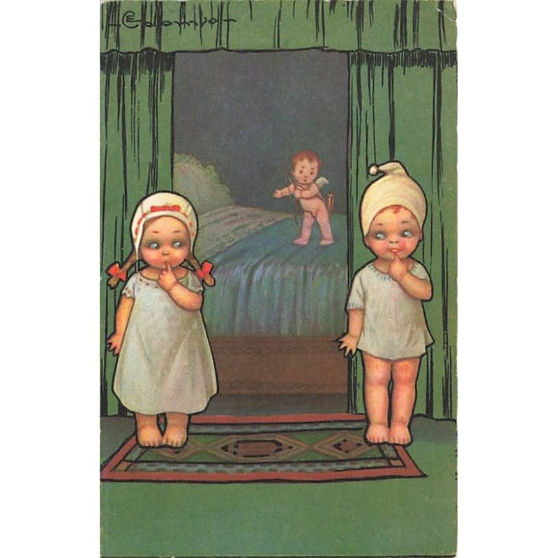 n°26602 - Illustrateur - E. Colombo - Couple d'enfants se cachant d'un cupidon debout sur un lit
