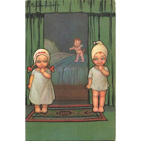 n°26602 - Illustrateur - E. Colombo - Couple d'enfants se cachant d'un cupidon debout sur un lit