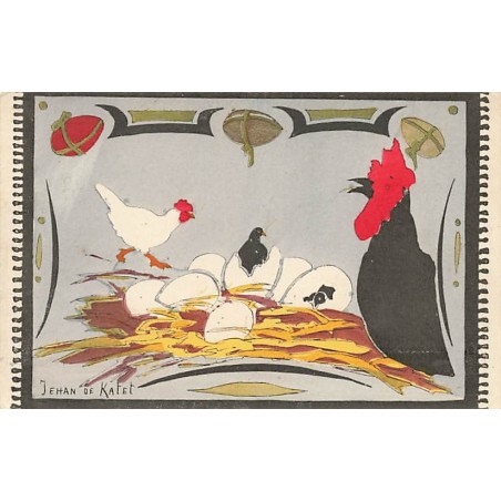 n°26609 - Illustrateur - Jehan de Katet - Poule regardant des poussins sortant des oeufs