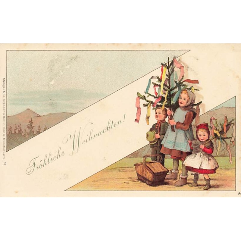 n°26616 - Stengel & Co - Fröhliche Weihnachten - Enfants apportant des sapins décorés de rubans