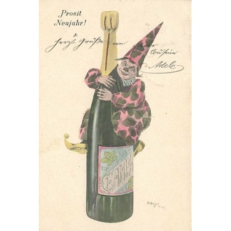 n°26619 - A. Beyer - Prosit Neujahr - Clown accroché à une bouteille de champagne