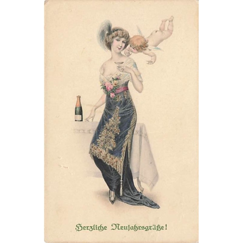 n°26620 - Nouvel An - MM Vienne 767 - Ange chuchotant à l'oreille d'une femme buvant du champagne