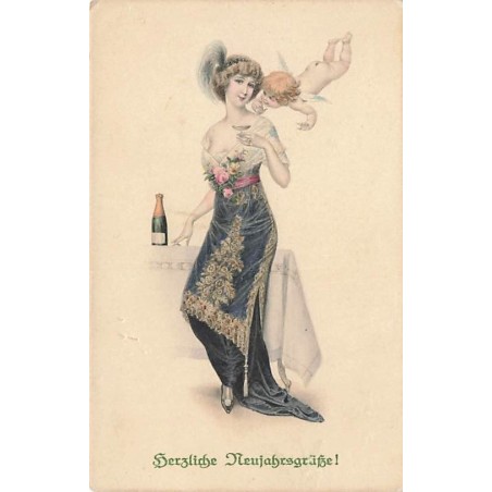n°26620 - Nouvel An - MM Vienne 767 - Ange chuchotant à l'oreille d'une femme buvant du champagne