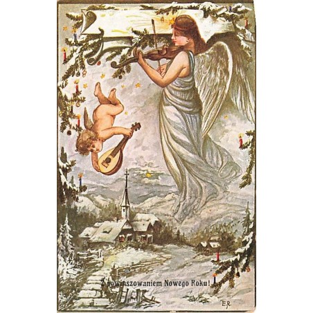 n°26622 - Nouvel An - ER - Ange gardien jouant du violon, et un ange de la mandoline