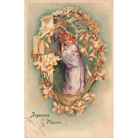 n°26623 - Clapsaddle - Joyeuses Pâques - Ange près d'une croix entourée d'une couronne de fleurs