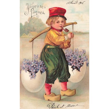 n°26625 - Carte Gaufrée - Clapsaddle - Joyeuses Pâques - Garçon Hollandais portant des violettes dans des oeufs