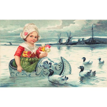 n°26634 - Carte Gaufrée - Clapsaddle - Jeune fille hollandaise dans un sabot au milieu de l'eau