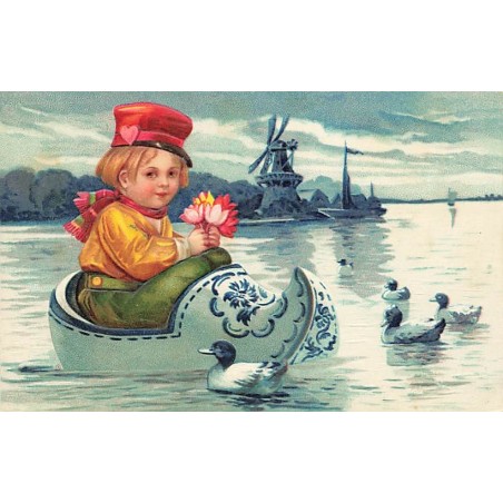 n°26635 - Carte Gaufrée - Clapsaddle - Jeune garçon hollandais dans un sabot au milieu de l'eau