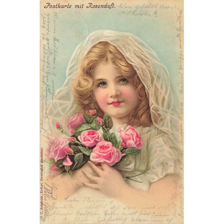 n°26636 - JC Schmidt - Postkarte mit Rosenduft - Jeune fille avec un bouquet de roses
