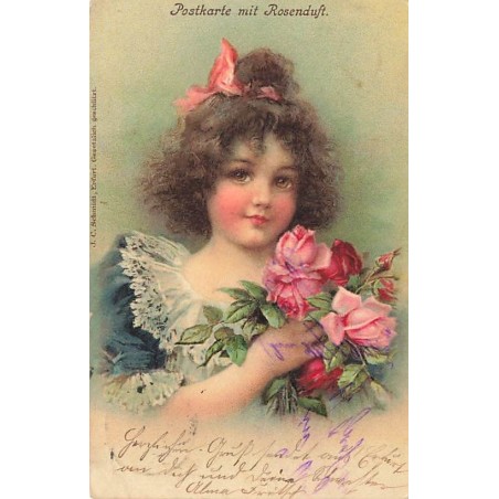 n°26638 - JC Schmidt - Postkarte mit Rosendfuft - Jeune fille avec un bouquet de roses
