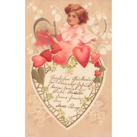 n°26639 - Carte Gaufrée - Clapsaddle - Fillette jouant de la lyre, au-dessus d'un coeur