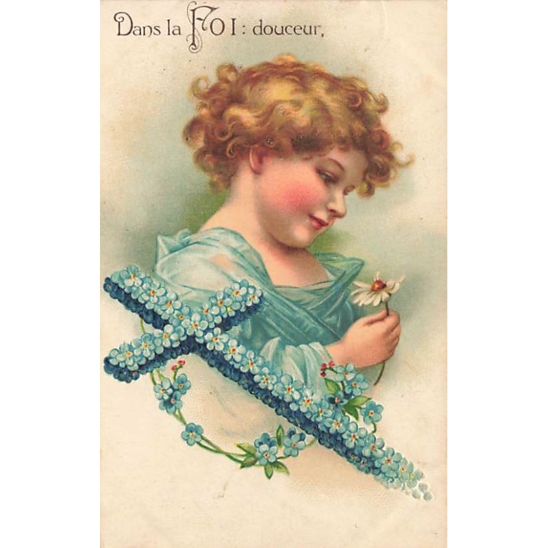 n°26642 - Carte Gaufrée - Clapsaddle - Dans la Foie : Douceur - Enfant regardant une marguertie près d'une croix