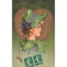 n°26648 - Carte Gaufrée - Clapsaddle - Jeune femme de profil devant un coeur, avec des violettes sur son chapeau