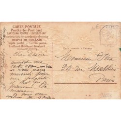 n°26648 - Carte Gaufrée - Clapsaddle - Jeune femme de profil devant un coeur, avec des violettes sur son chapeau