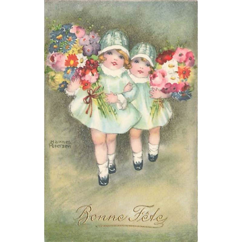 n°26650 - Illustrateur - Hannes Petersen - Bonne Fêtes - Fillettes apportant des bouquets de fleurs