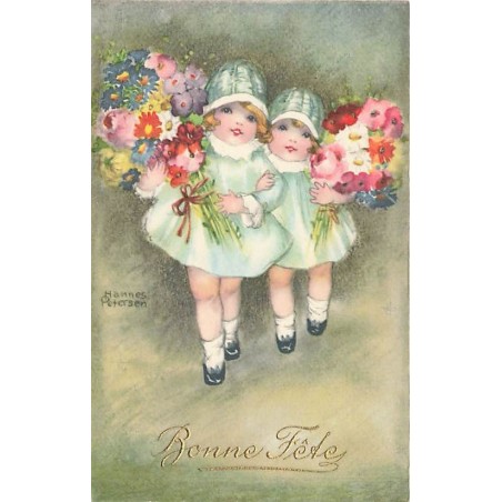 n°26650 - Illustrateur - Hannes Petersen - Bonne Fêtes - Fillettes apportant des bouquets de fleurs