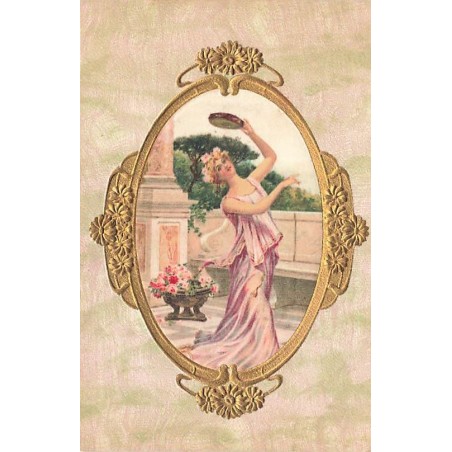n°26651 - Carte Gaufrée - Soie - Jeune femme dansant avec un tambourin