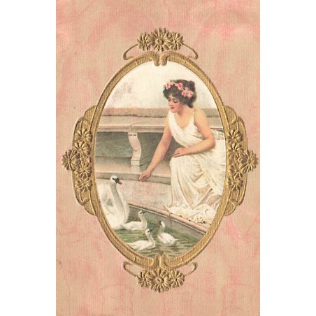 n°26652 - Carte Gaufrée - Soie - Jeune femme près d'un cygne et ses petits