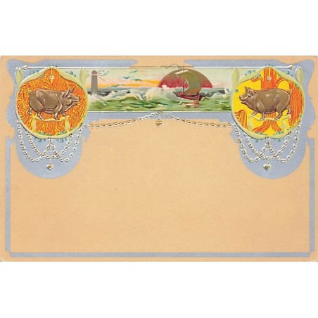 n°26655 - Carte Gaufrée - Fantaisie - Cochons, barque dans une mer près d'un phare - K & B D. 589