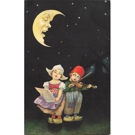 n°26656 - Illustrateur - E. Colombo - Couple d'enfants chantant et jouant du violon au clair de lune humanisée