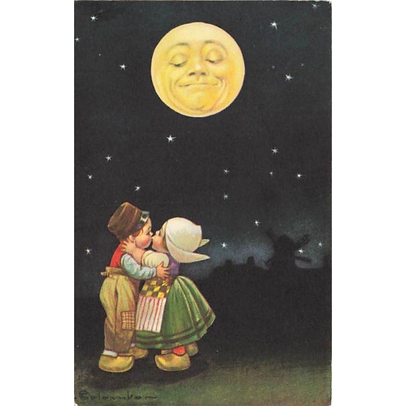 n°26657 - Illustrateur - E. Colombo - Couple d'enfants s'embrassant au clair de lune humanisée