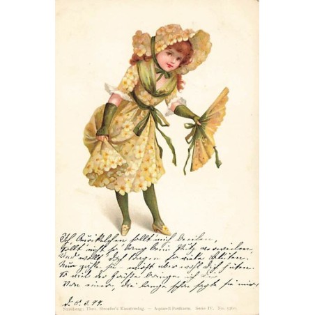 n°26658 - Fantaisie - Stroefer's Serie IV n°5360 - Jeune fille avec une robe en fleurs et tenant un éventail