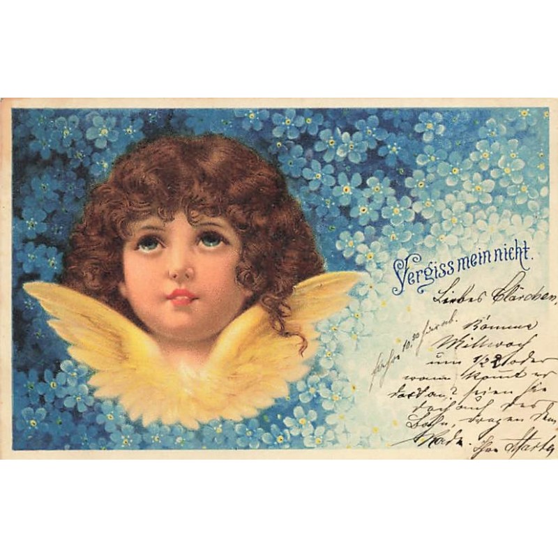 n°26662 - Ange - Vergiss mein nicht - Ange regardant en l'air au milieu de myosotis