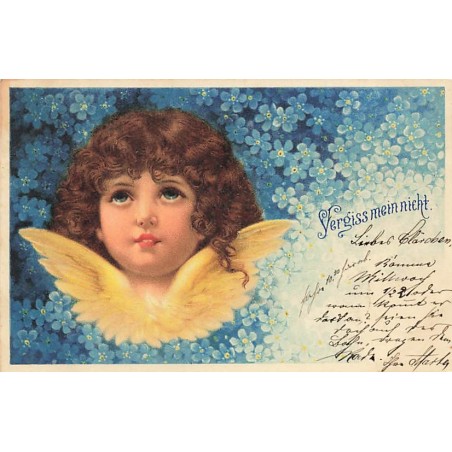 n°26662 - Ange - Vergiss mein nicht - Ange regardant en l'air au milieu de myosotis