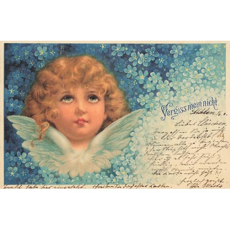 n°26663 - Ange - Vergiss mein nicht - Ange regardant en l'air au milieu de myosotis