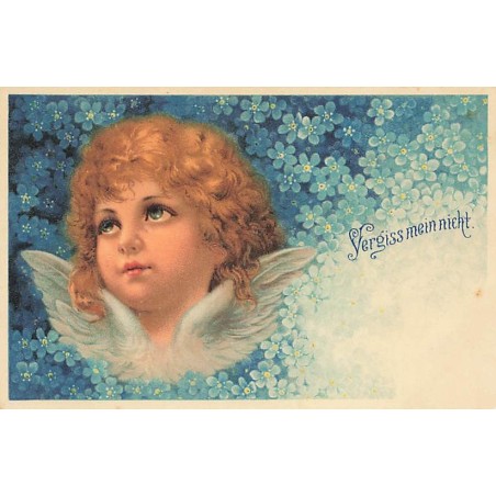 n°26664 - Ange - Vergiss mein nicht - Ange regardant en l'air au milieu de myosotis